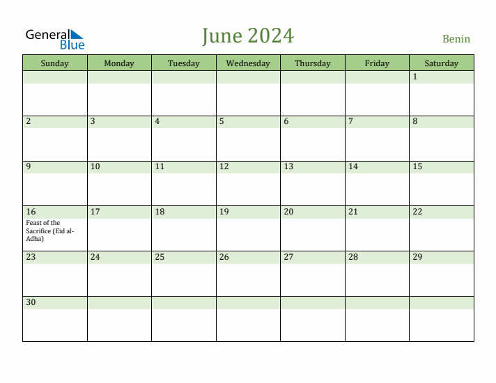 June 2024 Calendar with Benin Holidays