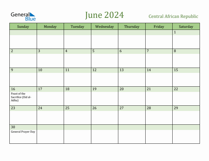 June 2024 Calendar with Central African Republic Holidays