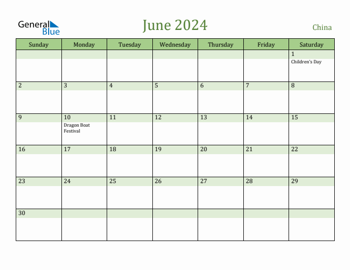 Fillable Holiday Calendar for China June 2024