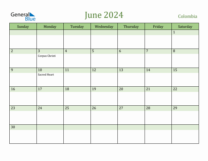 June 2024 Calendar with Colombia Holidays