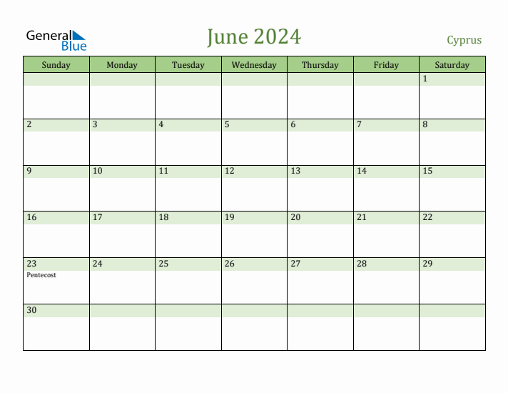 June 2024 Calendar with Cyprus Holidays