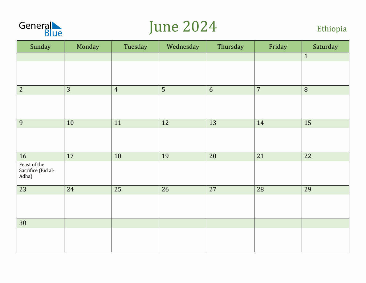 Fillable Holiday Calendar for Ethiopia June 2024