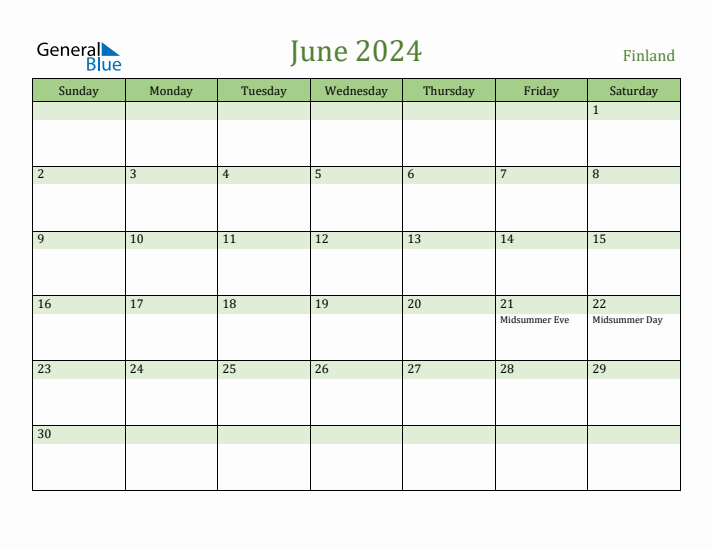 June 2024 Calendar with Finland Holidays
