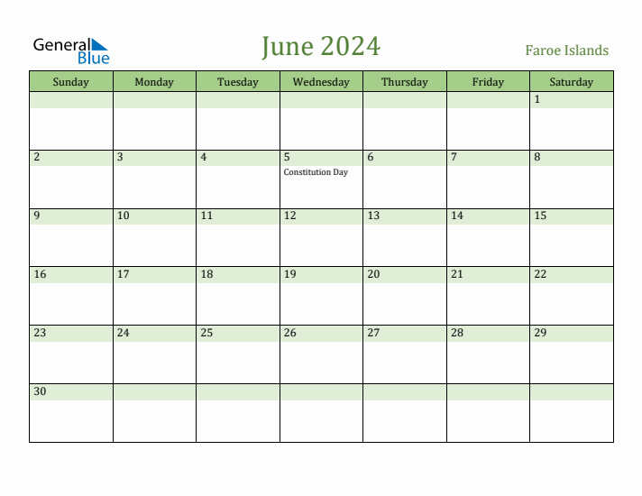 June 2024 Calendar with Faroe Islands Holidays