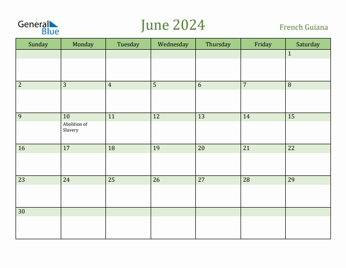 June 2024 Calendar with French Guiana Holidays