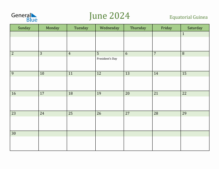 June 2024 Calendar with Equatorial Guinea Holidays