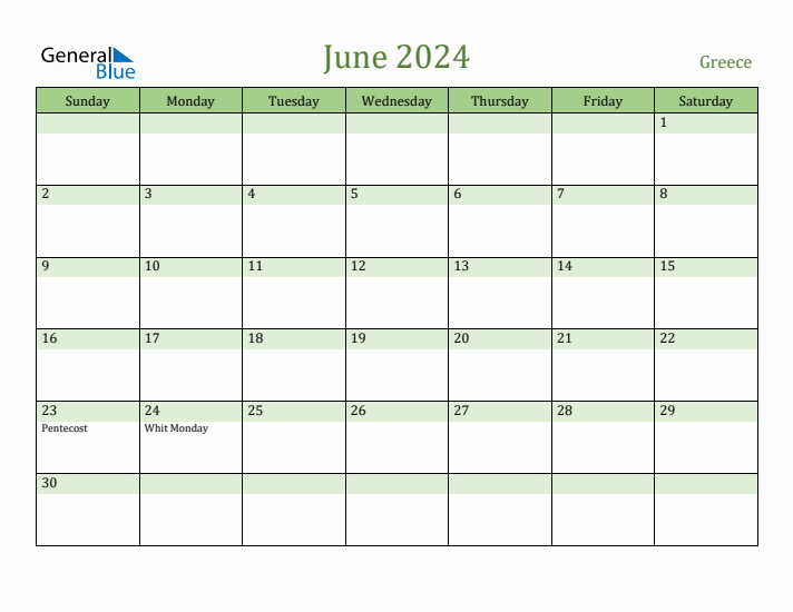 June 2024 Calendar with Greece Holidays
