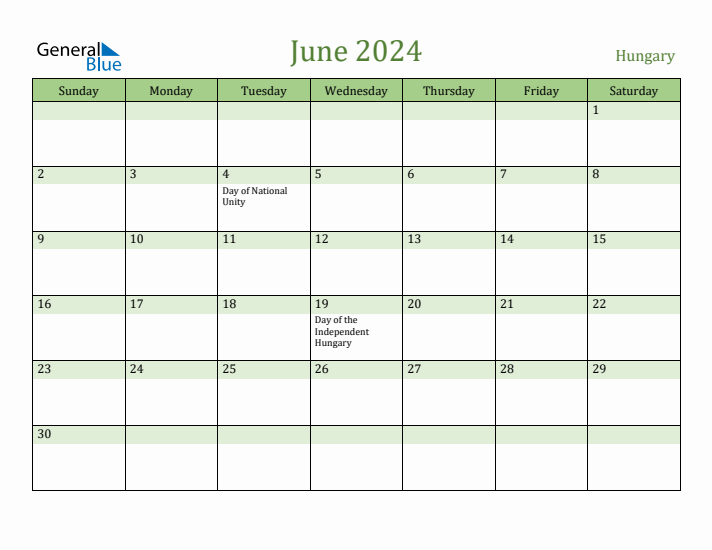 June 2024 Calendar with Hungary Holidays