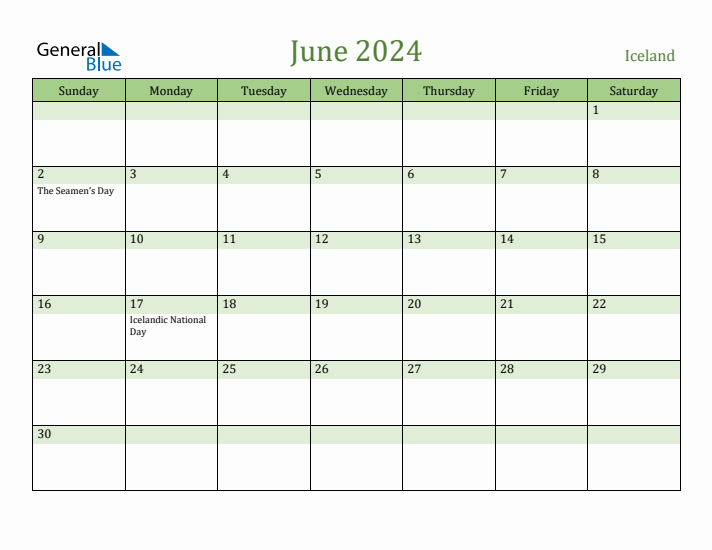 Fillable Holiday Calendar for Iceland June 2024