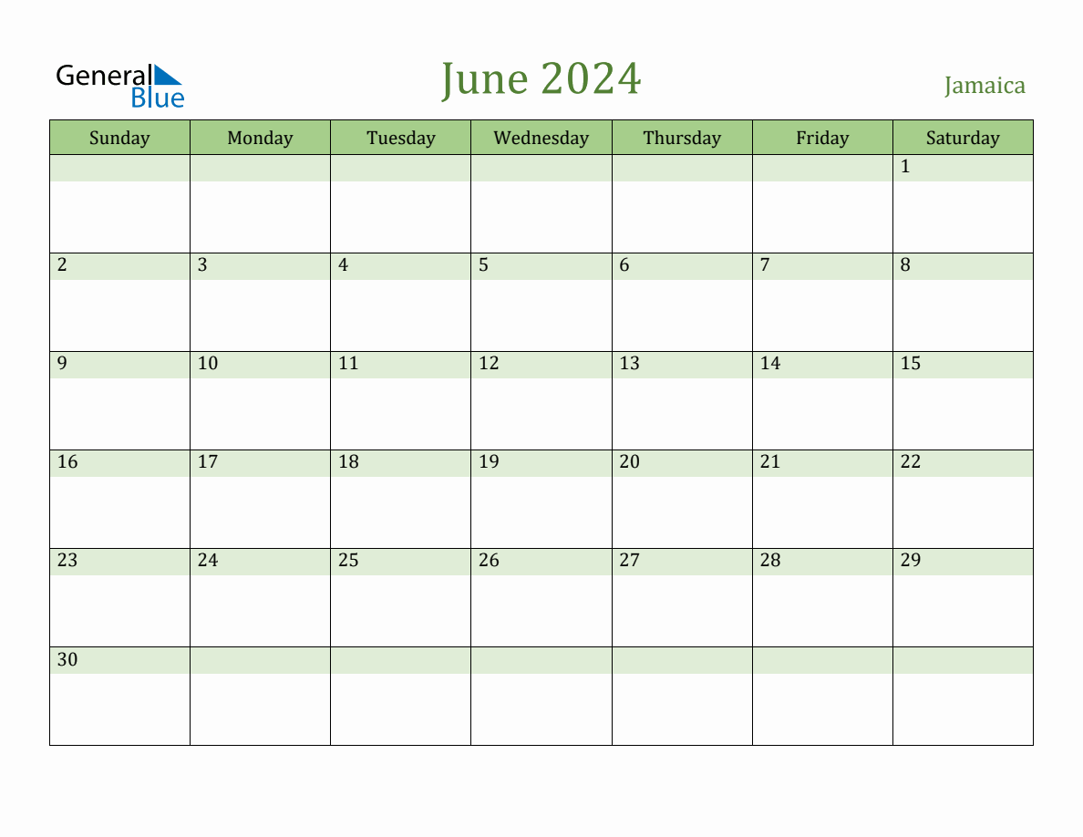 Fillable Holiday Calendar for Jamaica June 2024