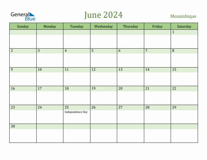 June 2024 Calendar with Mozambique Holidays