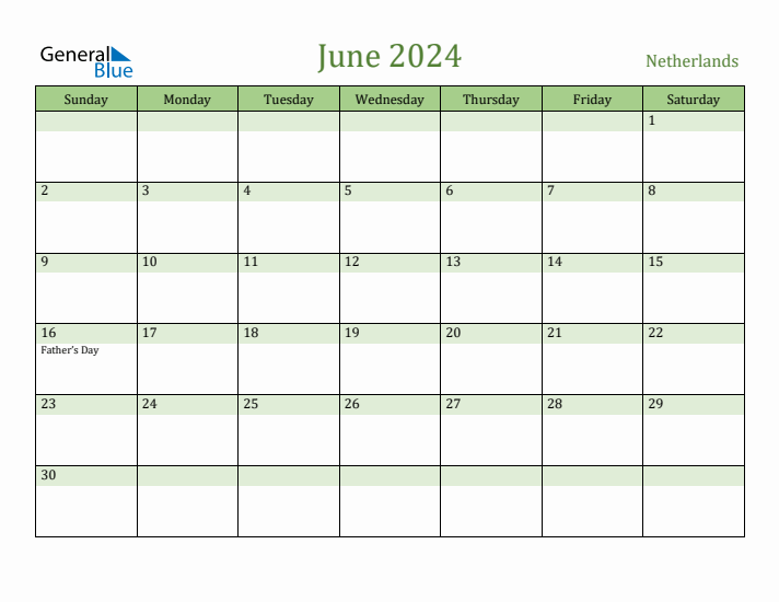 Fillable Holiday Calendar for Netherlands June 2024