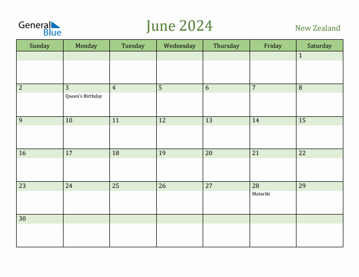 June 2024 Monthly Calendar with New Zealand Holidays