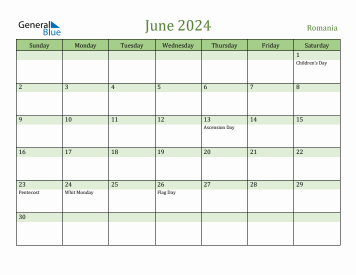 June 2024 Calendar with Romania Holidays
