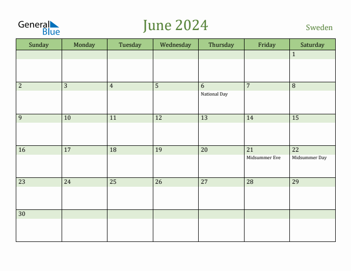 June 2024 Calendar with Sweden Holidays