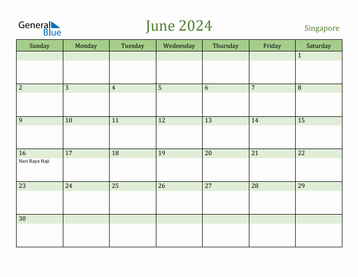 June 2024 Monthly Calendar with Singapore Holidays