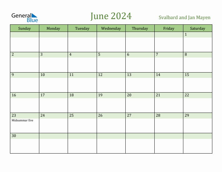 June 2024 Calendar with Svalbard and Jan Mayen Holidays