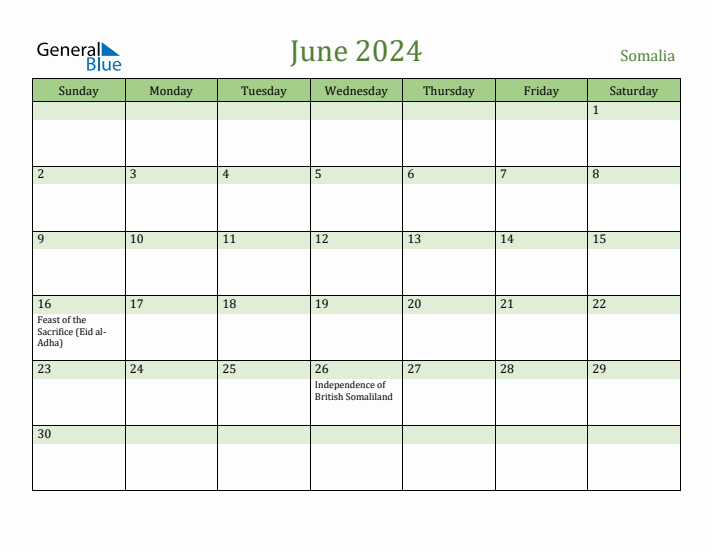 June 2024 Calendar with Somalia Holidays