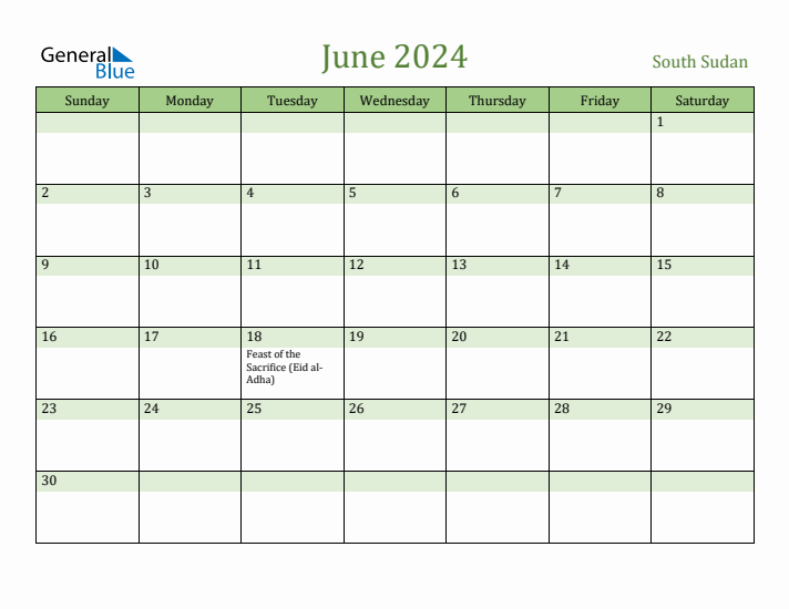 June 2024 Calendar with South Sudan Holidays