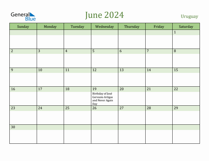 June 2024 Calendar with Uruguay Holidays