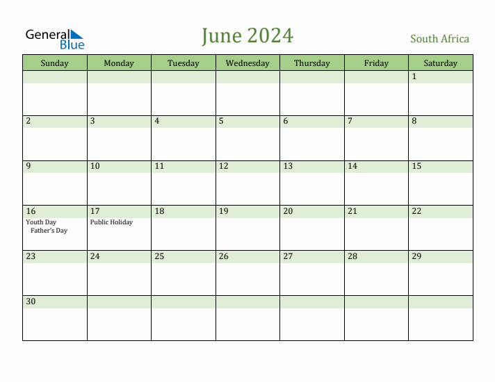 June 2024 Calendar with South Africa Holidays