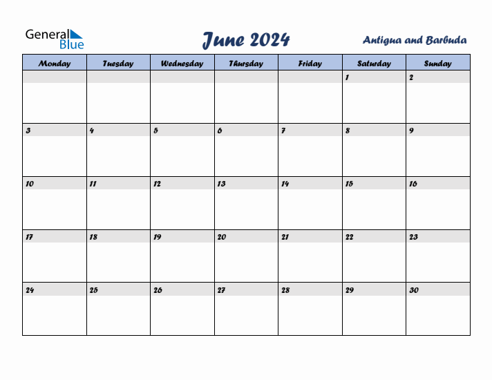 June 2024 Calendar with Holidays in Antigua and Barbuda