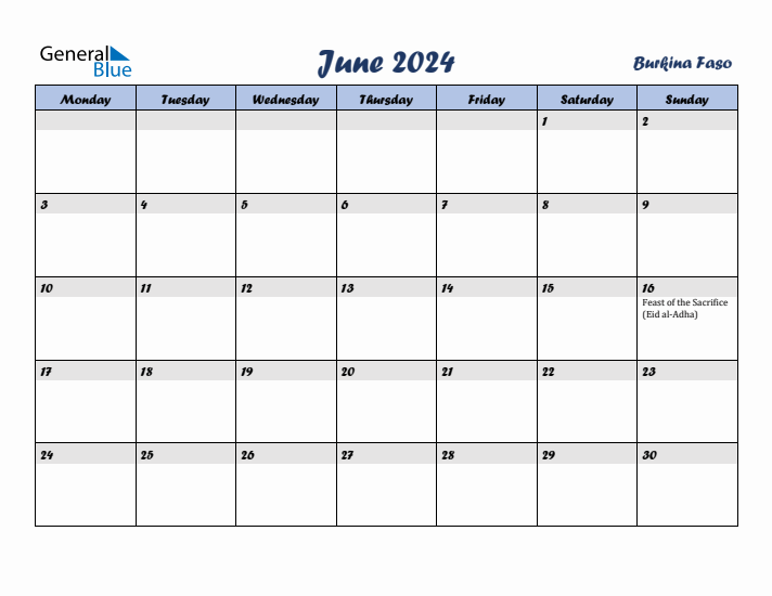 June 2024 Calendar with Holidays in Burkina Faso