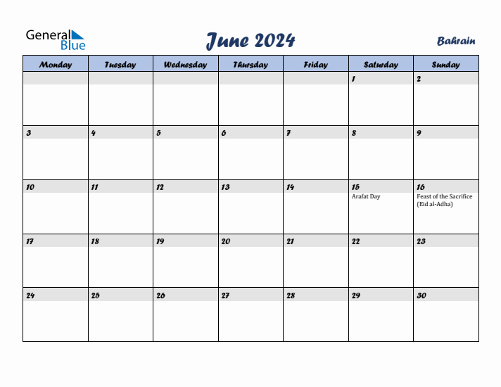 June 2024 Calendar with Holidays in Bahrain