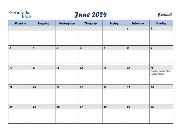 June 2024 Calendar with Holidays in Burundi