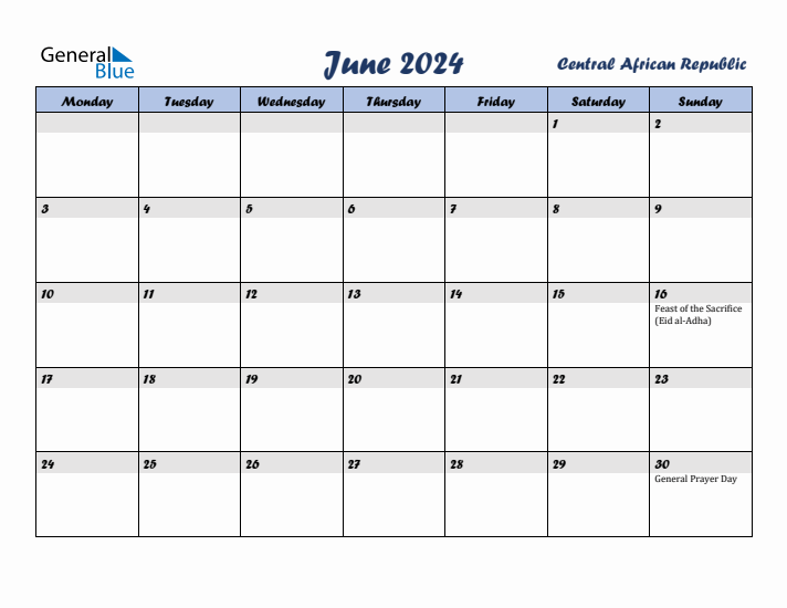 June 2024 Calendar with Holidays in Central African Republic
