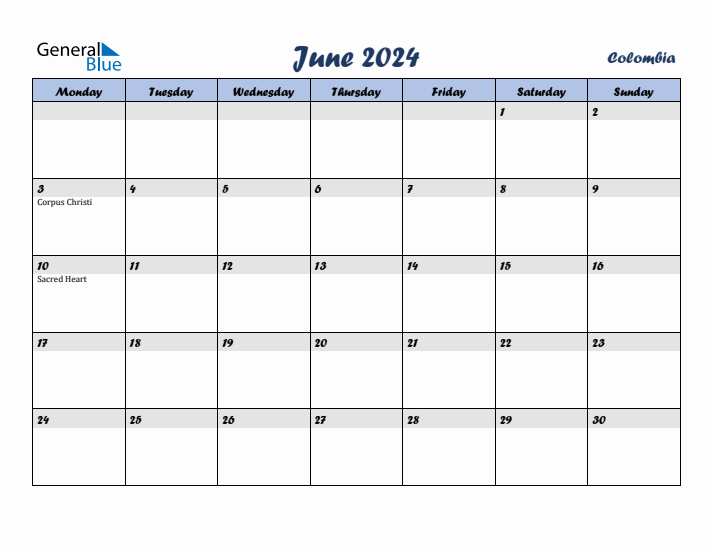 June 2024 Calendar with Holidays in Colombia