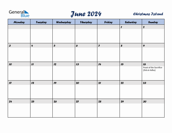 June 2024 Calendar with Holidays in Christmas Island