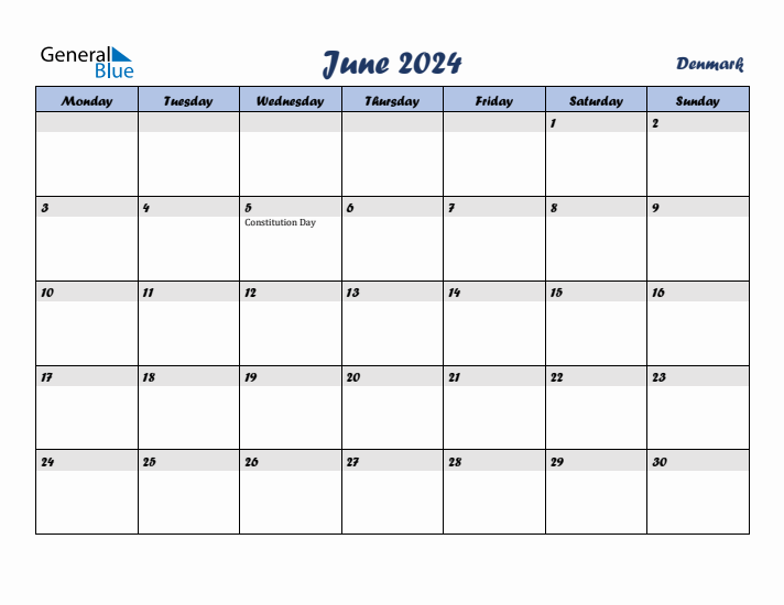 June 2024 Calendar with Holidays in Denmark