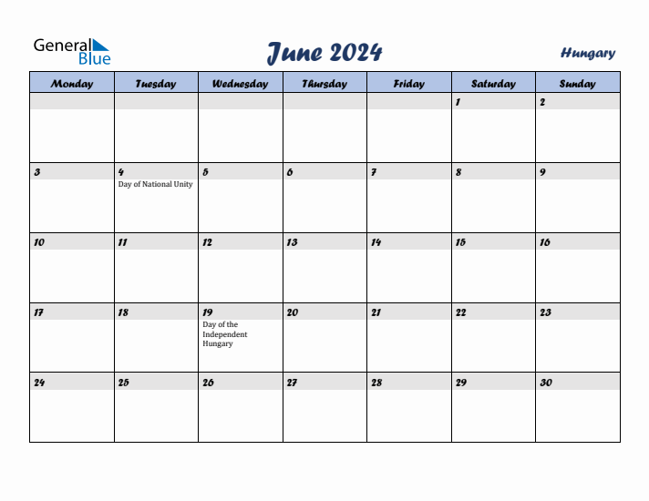 June 2024 Calendar with Holidays in Hungary