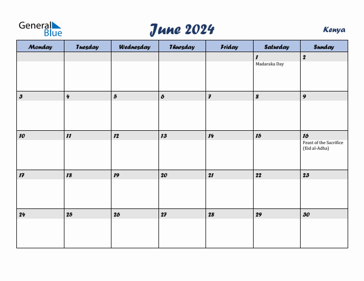 June 2024 Kenya Monthly Calendar with Holidays