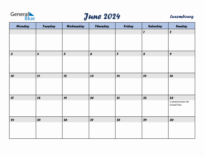 June 2024 Calendar with Holidays in Luxembourg