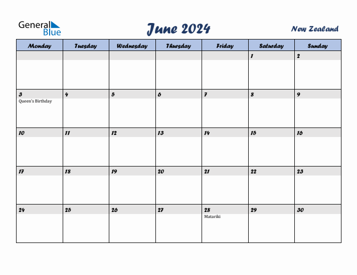 June 2024 Calendar with Holidays in New Zealand
