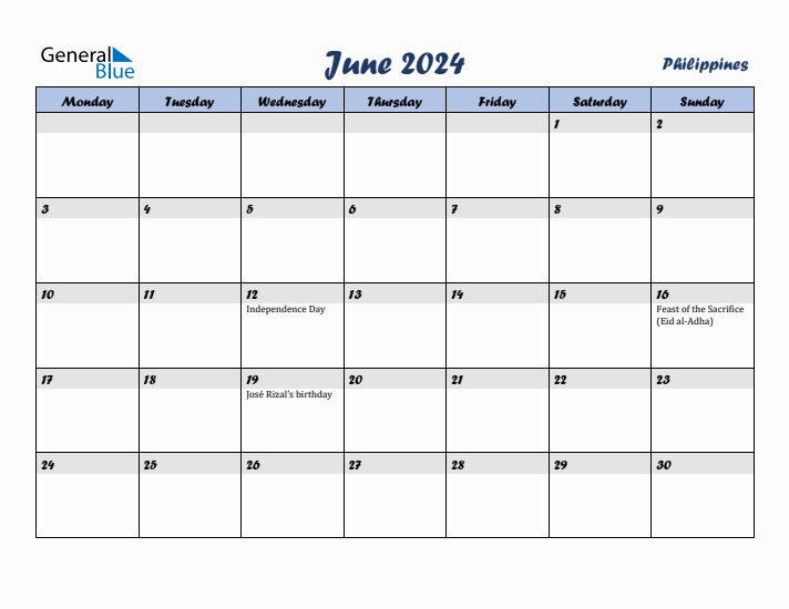 June 2024 Calendar with Holidays in Philippines