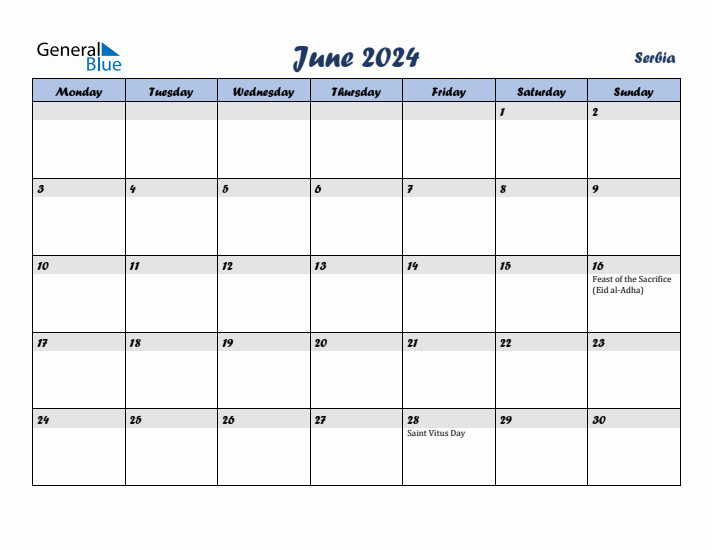 June 2024 Calendar with Holidays in Serbia