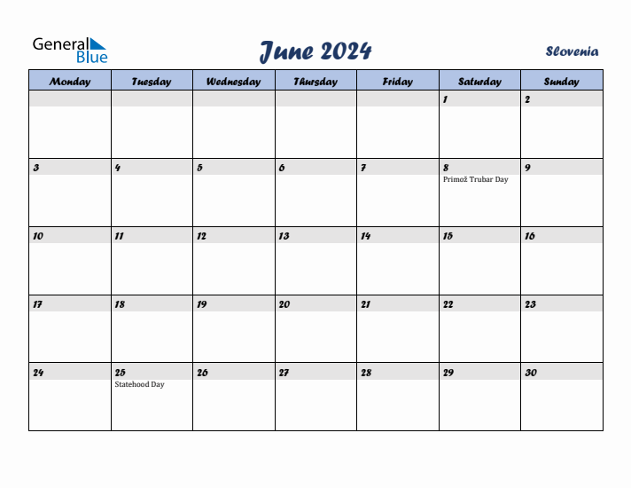June 2024 Calendar with Holidays in Slovenia