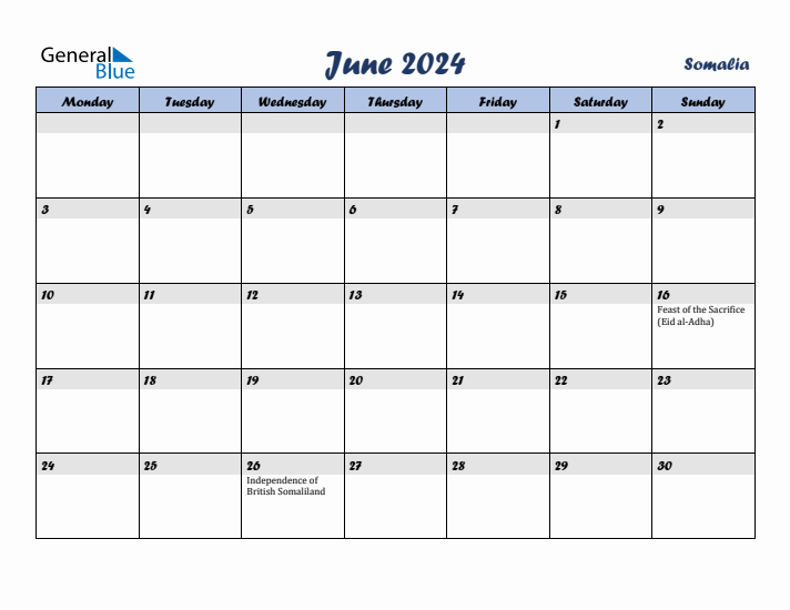 June 2024 Calendar with Holidays in Somalia