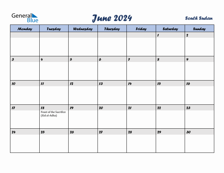 June 2024 Calendar with Holidays in South Sudan