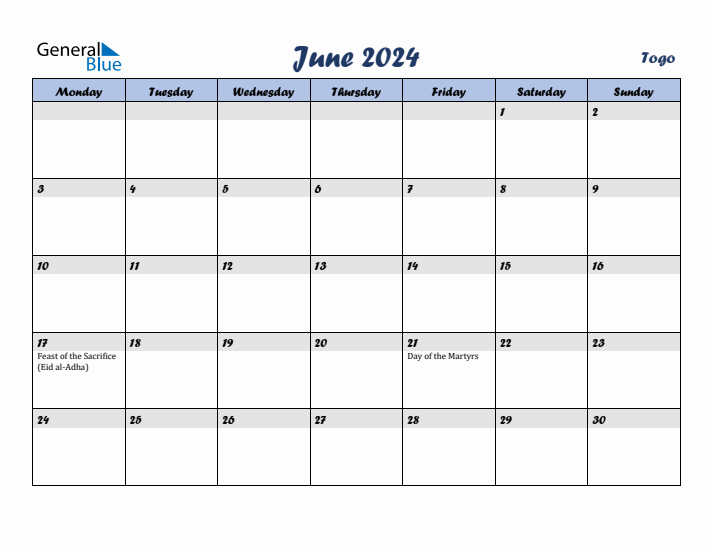 June 2024 Calendar with Holidays in Togo