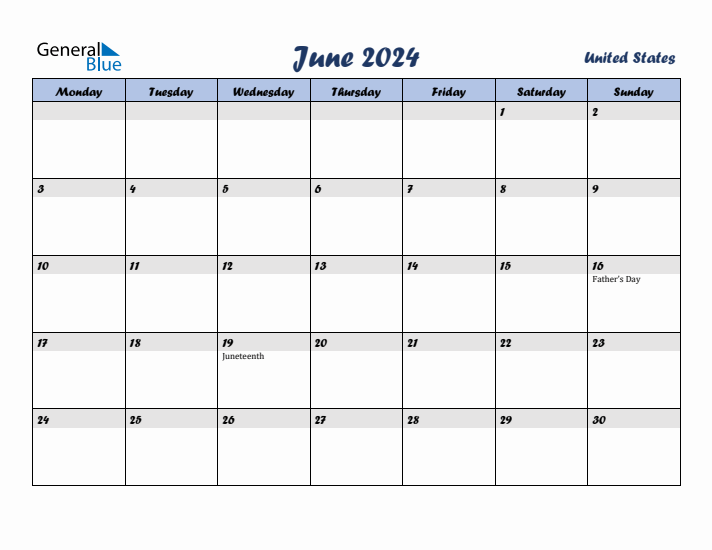June 2024 Monthly Calendar Template with Holidays for United States