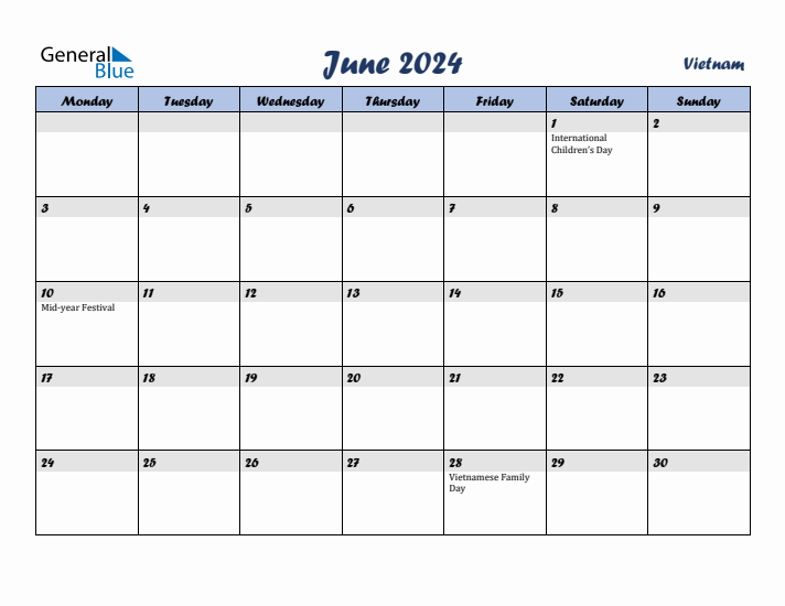 June 2024 Calendar with Holidays in Vietnam