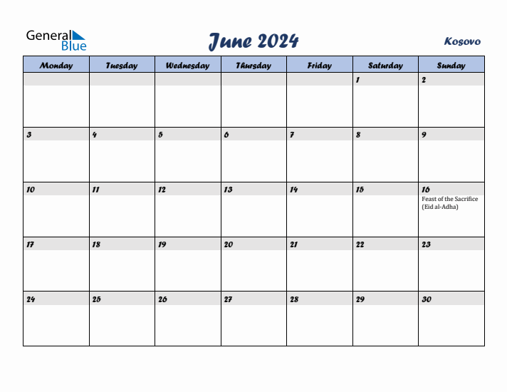 June 2024 Calendar with Holidays in Kosovo