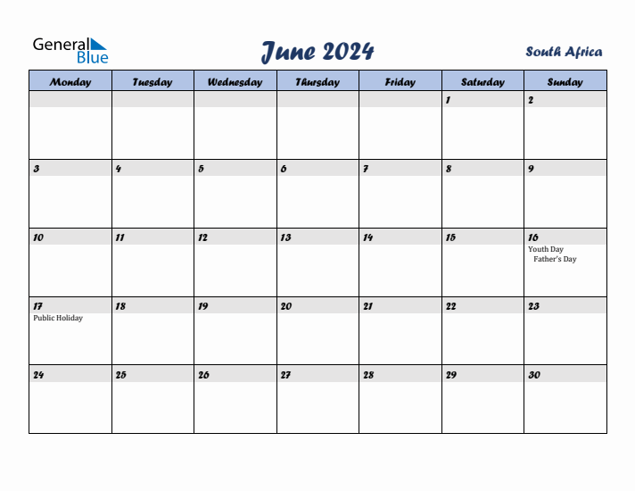 June 2024 Calendar with Holidays in South Africa