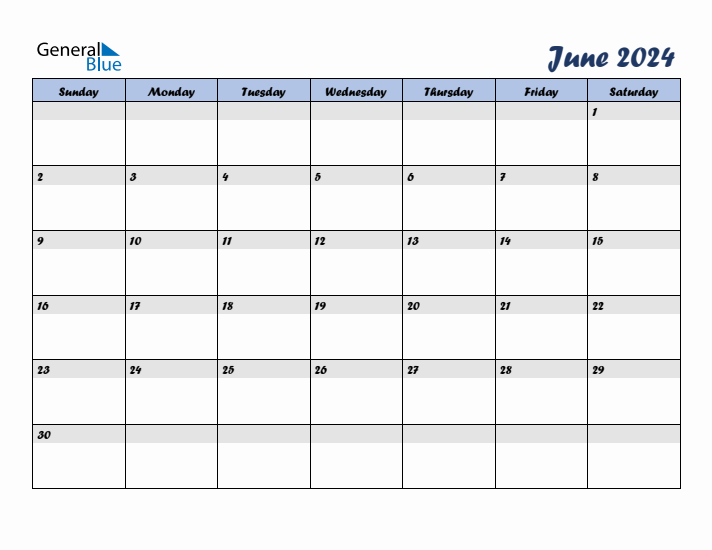 June 2024 Blue Calendar (Sunday Start)