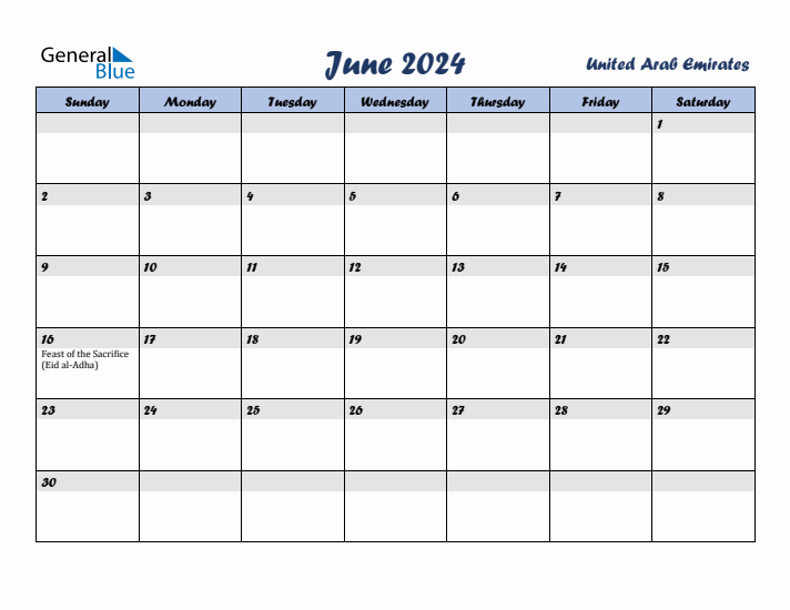 June 2024 Calendar with Holidays in United Arab Emirates