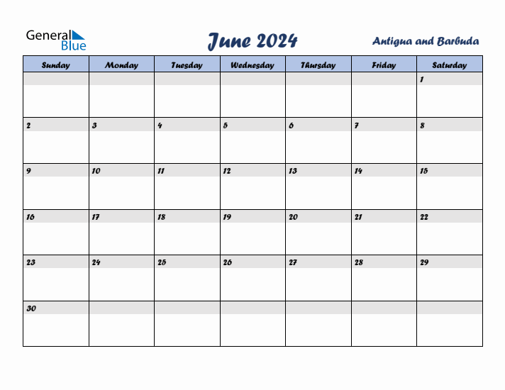 June 2024 Calendar with Holidays in Antigua and Barbuda